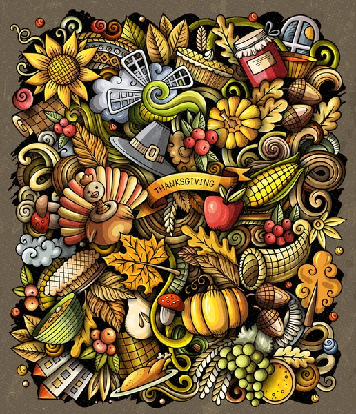 Cartoon Digital Doodles Happy Thanksgiving Day Illustration Colorful Detailed Lots — Stock Photo, Image