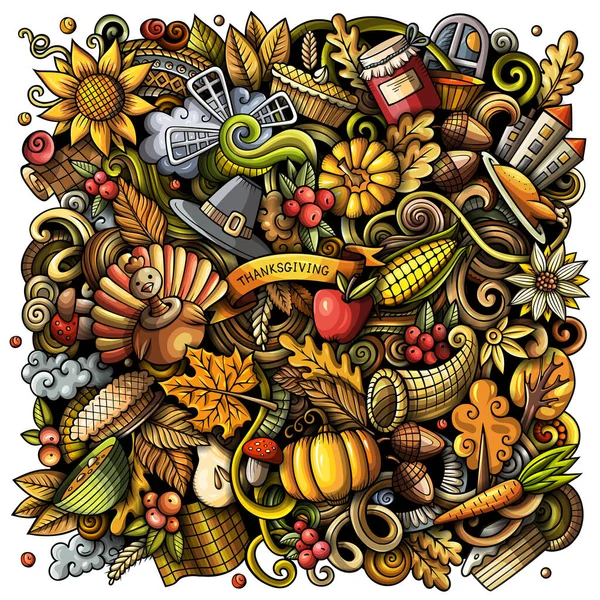 Cartoon Digital Doodles Happy Thanksgiving Day Illustration Colorful Detailed Lots — Stock Photo, Image