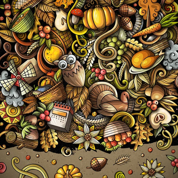 Cyfrowe Bazgroły Kreskówek Szczęśliwego Święta Dziękczynienia Kolorowe Szczegółowe Mnóstwem Obiektów — Zdjęcie stockowe