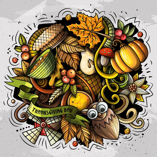 Thanksgiving hand drawn cartoon doodles illustration. Funny holiday design. Creative art digital background. Harvest symbols, elements and objects. Colorful composition