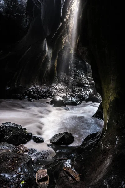 Ouray Box Canyon Waterfall Sun Light Shining Quartzite Walls — Stock Photo, Image