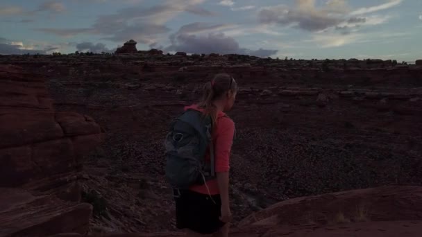 Wandelaar Loopt Naar Rand Van Canyon Naalden Graafschap Canyonlands Utah — Stockvideo