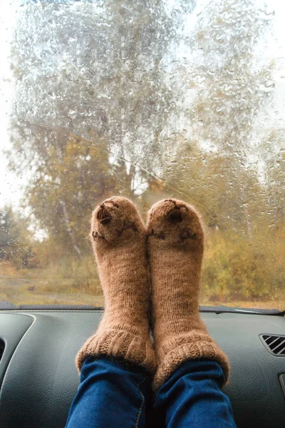 Woman legs in warm cute socks on car dashboard. Drinking warm tee on the way. Fall trip. Rain drops on windshield. Freedom travel concept. Autumn weekend