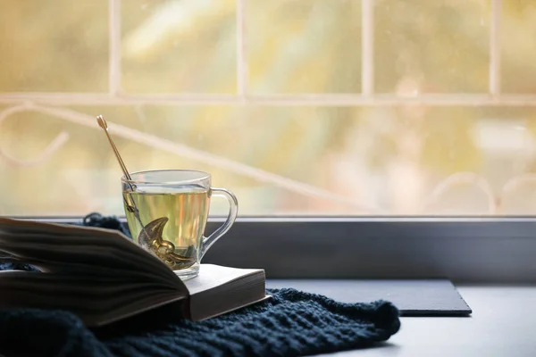 Warm and cozy window seat with warm plaid, cup of tea and book,