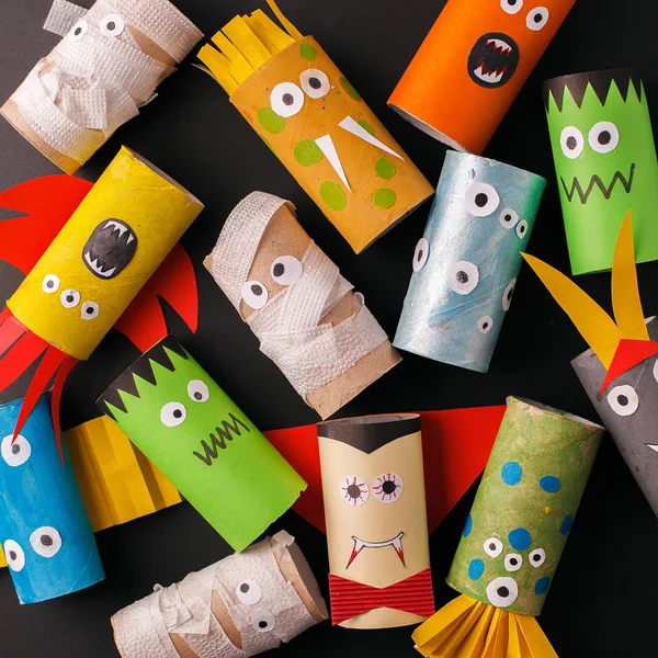 Collection of Monsters from toilet tube roll for halloween decor
