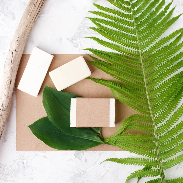 Eco natural coconut soap or shampoo bars flat lay on tropical background. sustainable lifestyle concept. zero waste. plastic free, stop plastic pollution. reuse, reduce, recycle, refuse, mock up