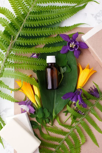 Natural organic essential oil packaging mock up with leaves and flowers. Mock-up bottle for branding and label, sustainable wellness, effective formulas, self care focused, wellbeing trend