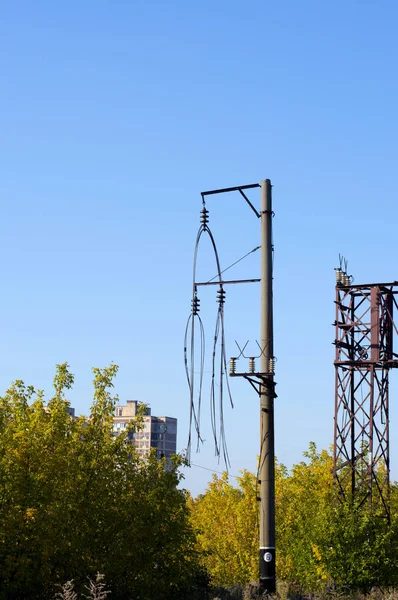 Roubo Corte Fios Enforcamento Guerra Abandonado Abandonado Ferroviário Desenergizado Carrinho — Fotografia de Stock