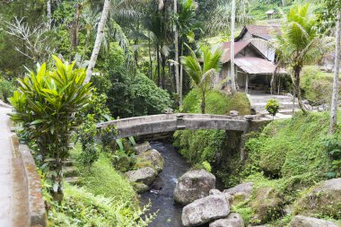 Gung Kawi Tapınağı karmaşık. Tapınak alanının önde gelen Nehri üzerinde bir taş köprü görünümü.