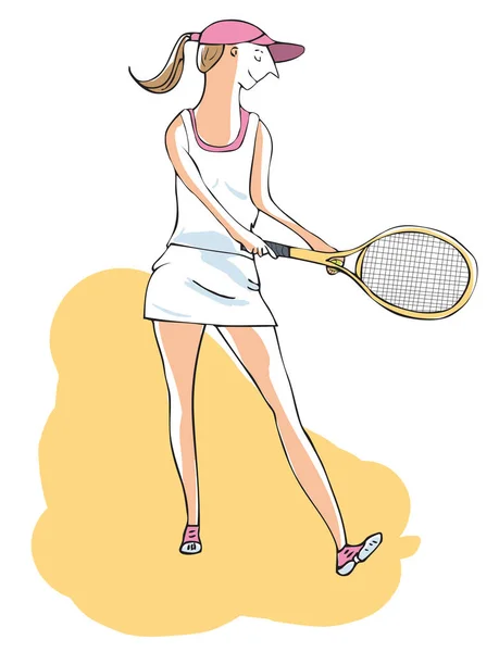 Jugadora de tenis a punto de servir una pelota. Vector dibujado a mano — Vector de stock