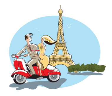 Eyfel Kulesi Tour Eiffel, Paris, Fransa, genç bir çift retro tarzı bir m at binme