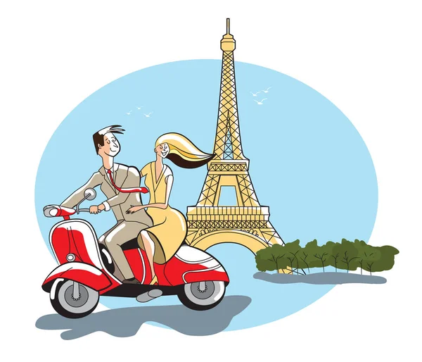 Torre Eiffel, París, Francia, pareja joven estilo retro montando a m — Vector de stock