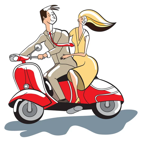 Pareja joven en scooter plano estilo retro — Vector de stock