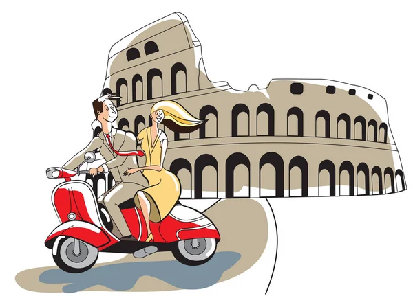 Coliseo, Roma, Italia, pareja joven estilo retro montando un motor — Archivo Imágenes Vectoriales