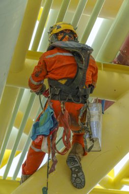 Yükseklik ve yükseklikte çalışıyor. Sonbahar koruma cihazı ve can yeleği olan bir korkuluğun arka görünüşü boyama faaliyetleri için boru hattının altına tırmanıp asılı..