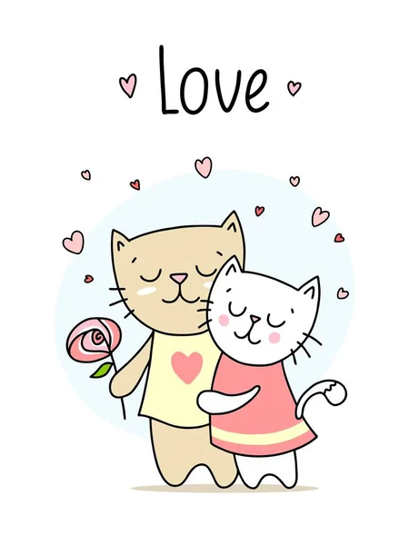 Two Loving Cats Hugs Smiling Happy Valentine Day Love Vector — Stock Vector