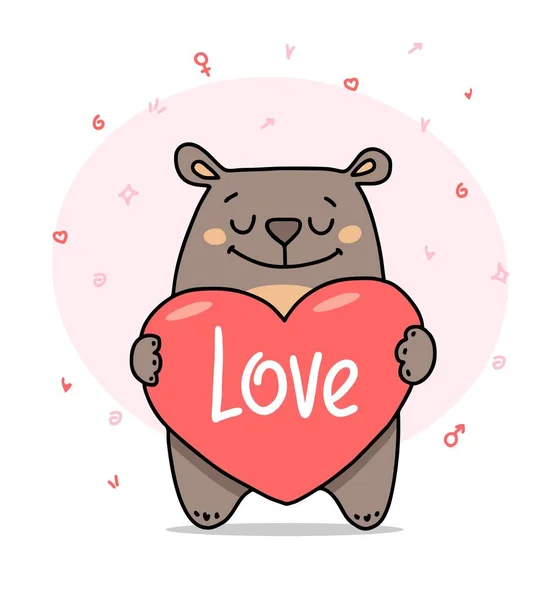 Mignon Ours Peluche Dessin Animé Tient Grand Coeur Rose Dans — Image vectorielle