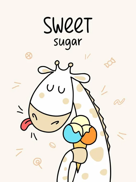 Komik Zürafa Renk Dondurma Yalıyor Tatlı Şeker Karikatür Düz Vektör — Stok Vektör