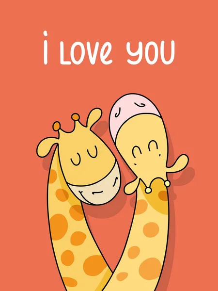 Пара Милых Жирафов Красном Фоне Love You Векторный Плакат Карикатуры — стоковый вектор