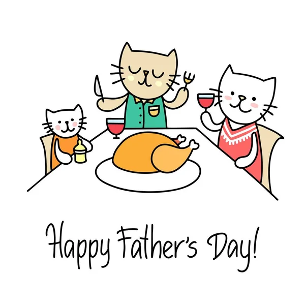 Rodina Kočky Slaví Den Šťastný Otec Velkým Kuře Kreslený Zvíře — Stockový vektor