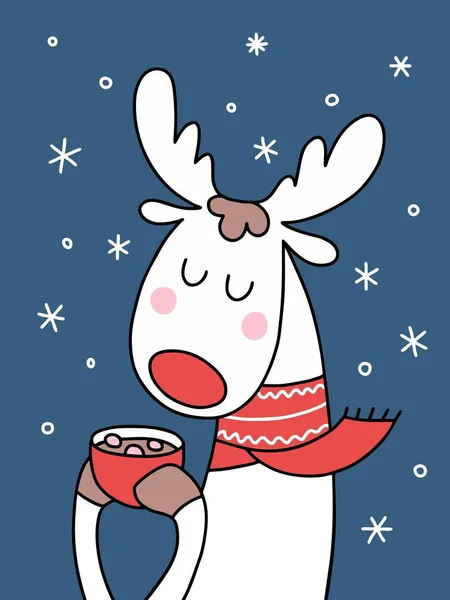 Sevimli Noel geyiği kakao fincan ve pices lokum gibiydi. Karikatür komik hayvan vektör çizim Noel kartı