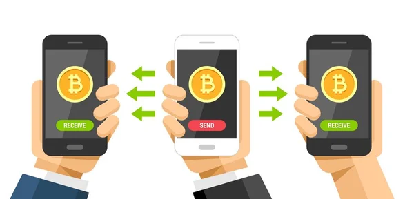 Vector Flat Illustration Bitcoin Send Receive User Phones Bitcoin Cryptocurrency — Stock Vector