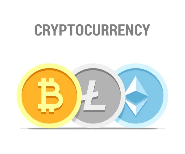 Bitcoin Litecoin Och Ethereum Kryptovaluta Mynt Vektor Platt Konceptet Modern — Stock vektor
