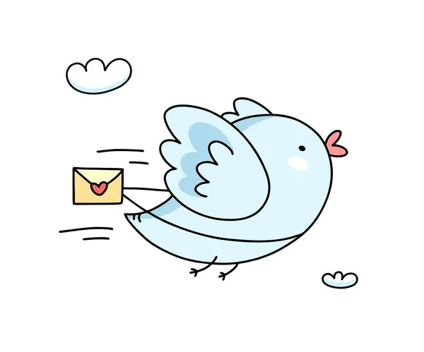 Niedlichen Blauen Vogel Fliegen Mit Liebesbotschaft Flacher Vektor Lustige Cartoon — Stockvektor