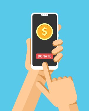 El smartphone tutar. Para online işlem bağış yapın. Düz vektör modern telefon mock-up çizim