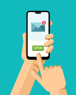 El smartphone tutar. E-posta mektupları açmak. Düz vektör modern telefon mock-up çizim