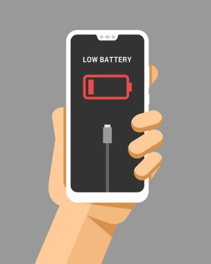 El smartphone mockup düşük pil ile tutar. Düz vektör modern telefon mock-up çizim