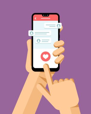 El smartphone tutar ve messanger uygulamada pembe düğmeye basmadan. Düz vektör modern telefon mock-up çizim