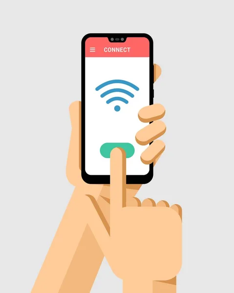Ruka Smartphone Připojí Síti Internet Wifi Plochý Vektorové Moderní Telefon — Stockový vektor