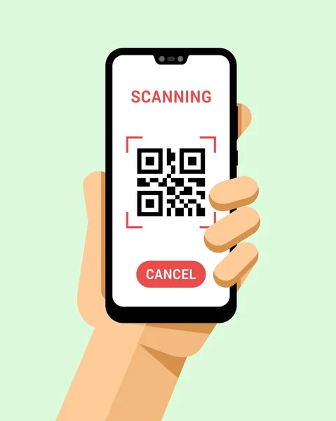 Hand Hält Das Smartphone Mit Code Scanner Anwendung Flacher Vektor — Stockvektor