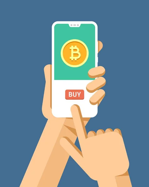 Hand Holds Smartphone Mockup Buying Bitcoin Cryptocurrency Operation Flat Vector — Stock Vector