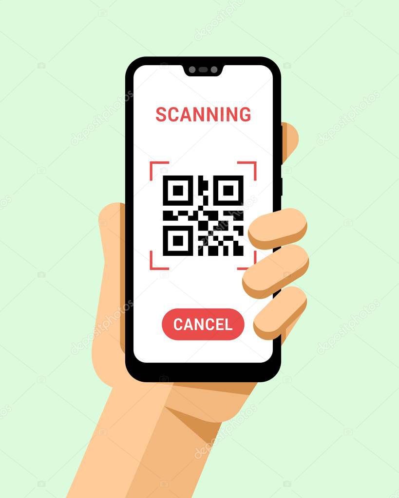 Hand holds the smartphone with qr code scanner application. Flat vector modern phone mock-up illustration