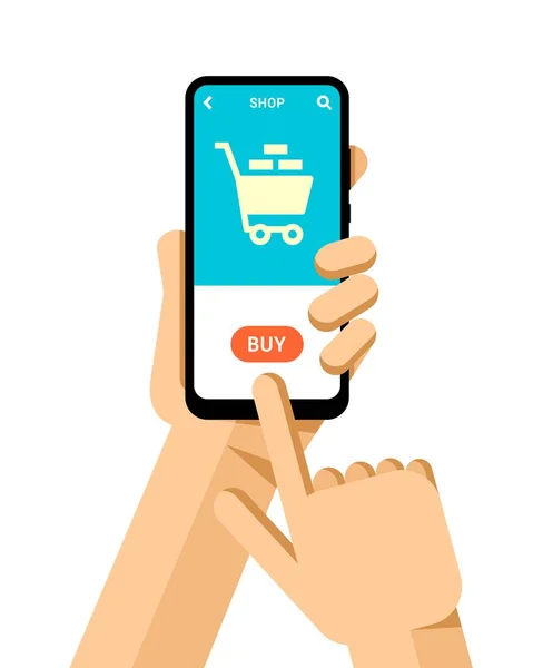 Hand Holds Smartphone Application Online Shoppig Cart Flat Vector Modern — Stock Vector