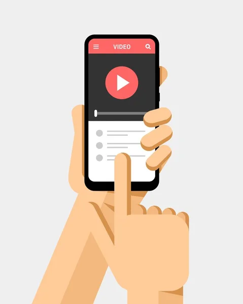 El smartphone ve tarassut video kırpmak üstünde belgili tanımlık perde tutar. Düz vektör modern telefon mock-up çizim