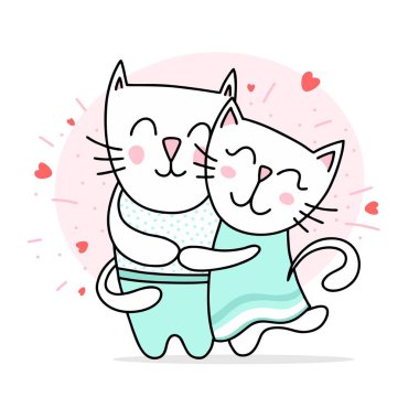 İki beyaz kedi hugs ve sevgi dolu gülümsüyor. Mutlu sevgililer günü aşk vektör düz illüstrasyon kart