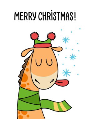 Dil ile sevimli zürafa kar yiyor. Neşeli Noel hayvan komik karikatür illüstrasyon poster