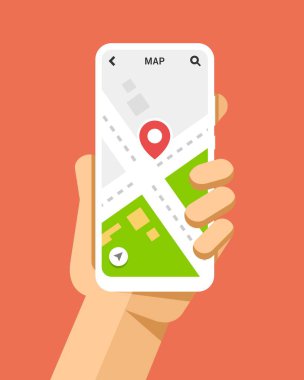 El smartphone navigasyon Servisi ile tutar. Düz vektör modern telefon mock-up çizim