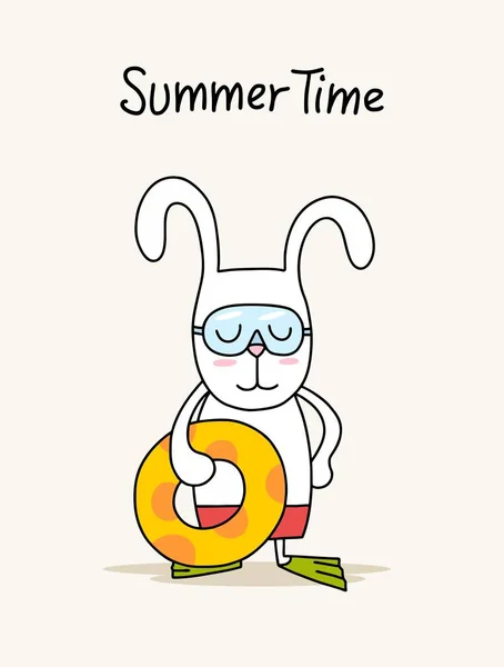 Щасливий Мультяшний Кролик Lifebuoy Літній Час Векторні Плоскі Ілюстрації Карти — стоковий вектор