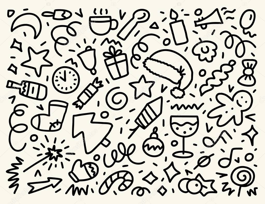 Doodle simple vector hand drawn pattern. Happy New Year and Merry Christmas outline background