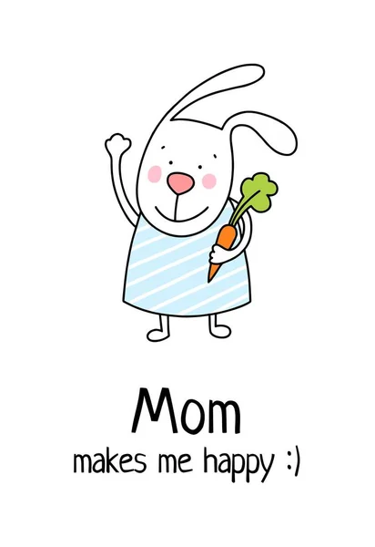 Maman Rend Heureuse Affiche Avec Lapin Mignon Carotte Carte Illustration — Image vectorielle