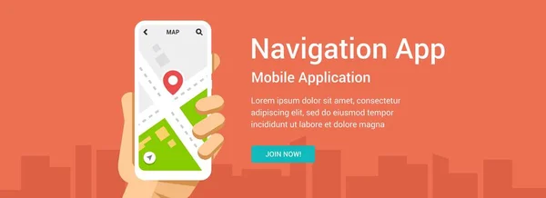 Vector Flat Banner Navigation Application Phone Hand Illustration Mobile Web — Stock Vector