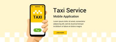 Vektör taksi hizmeti uygulaması için düz afiş. Elinde telefon Gösterim amacıyla hareket eden veya web tasarım