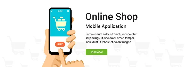 Vektör düz online alışveriş uygulaması için afiş. Elinde telefon Gösterim amacıyla hareket eden veya web tasarım