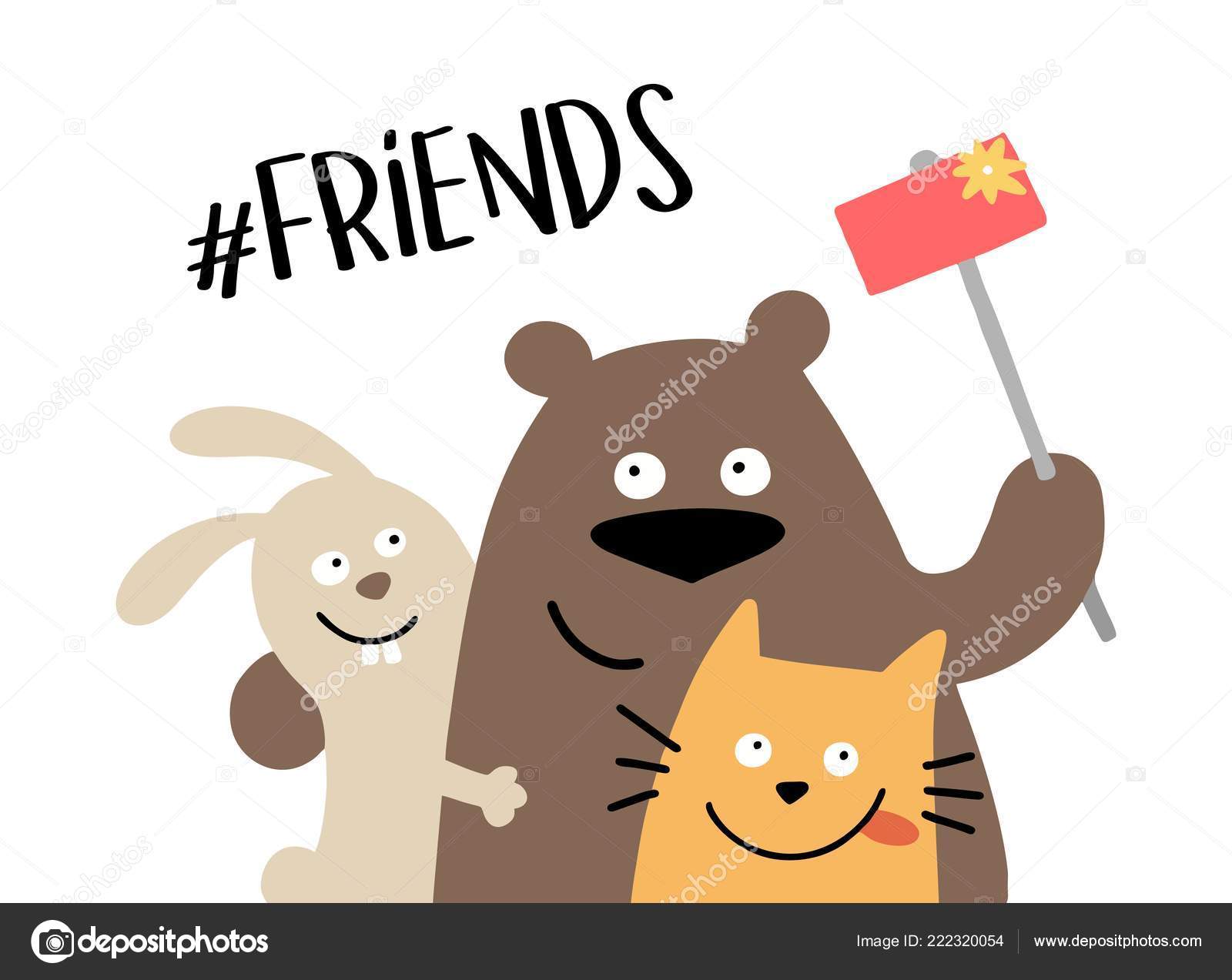 Three Happy Animal Friends Makes Selfie Smartphone Friends Forever Illustration Vector Image By C Karetniy Vector Stock