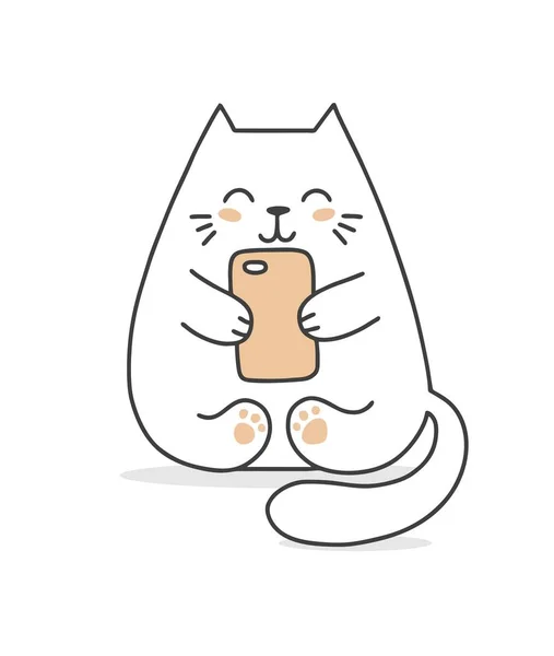 スマート フォンでメッセージングかわいい白い猫 フラット ベクトル動物漫画イラスト カード — ストックベクタ