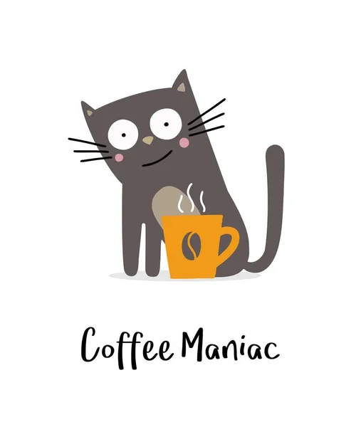 Kahve ile kahve manyak deli kedi. Düz vektör çizim hayvan kartı